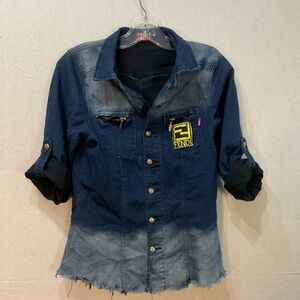 VIBRANT M.I.U. ACID WASH DENIM JACKET- Signature Crown Buttons & Zipper Detail/M